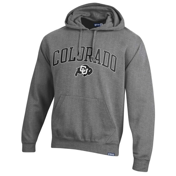 A dark gray hoodie featuring arched black Colorado lettering and a CU Buffalo logo, with a drawstring hood and a large kanga pocket.